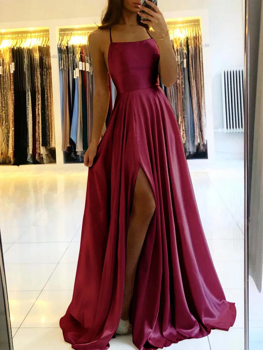 Celeni | Women's Evening Prom Gown - Floor-Length Satin - Spaghetti Straps - Square Neck - High Slit