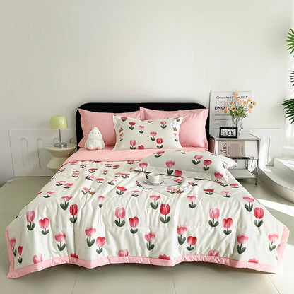 Cooling Plaid Cotton Lightweight Comforter For Sofa Bed Flowers Pink NALANI
