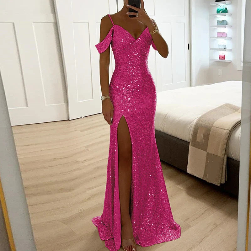 Norvia | Women's Evening Prom Gown - Sequined Off-Shoulder - Fitted Silhouette - V-Neck Full Length