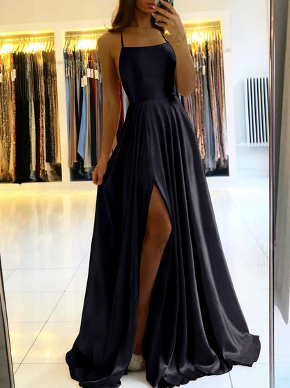 Celeni | Women's Evening Prom Gown - Floor-Length Satin - Spaghetti Straps - Square Neck - High Slit