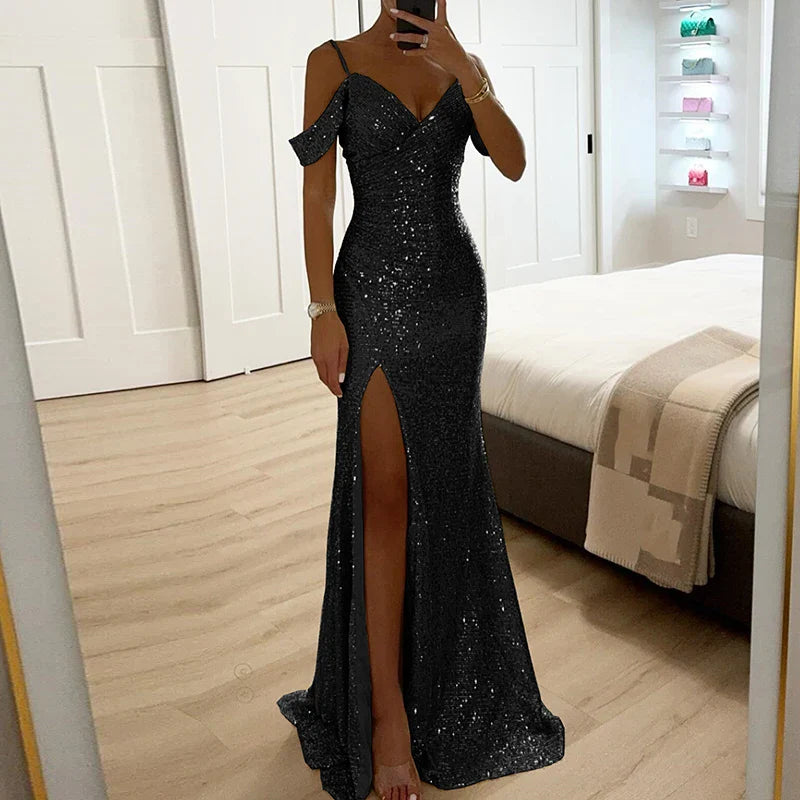 Norvia | Women's Evening Prom Gown - Sequined Off-Shoulder - Fitted Silhouette - V-Neck Full Length