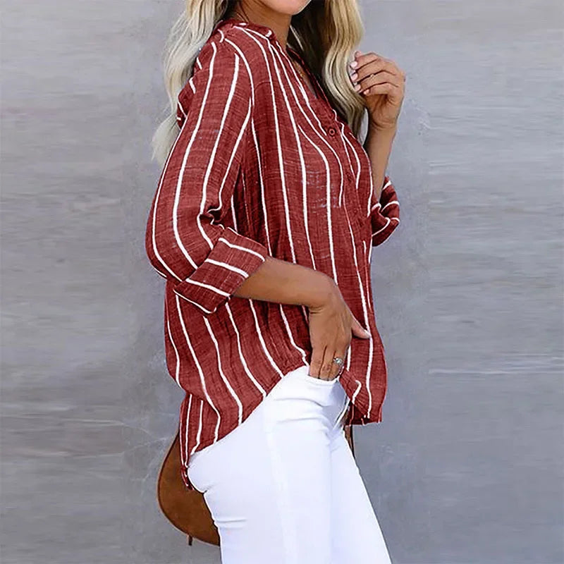 Lunelle Stripe Summer Shirt Soft Cotton Light Breathable V Neck