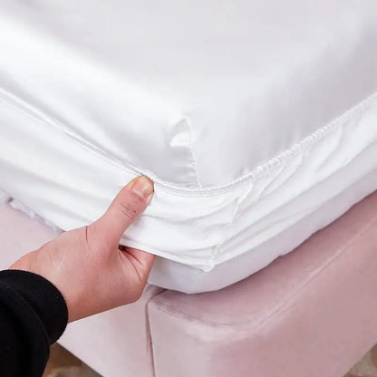 Washable Luxury Satin Elastic Fitted Sheet For Double Bed White NALANI