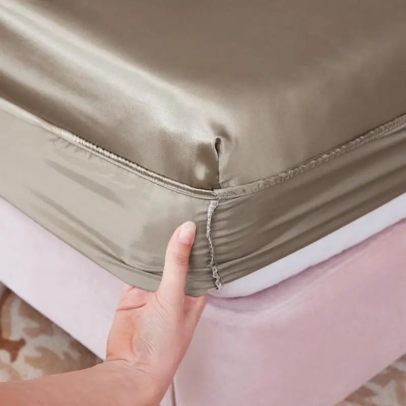 Washable Luxury Satin Elastic Fitted Sheet For Double Bed Gold NALANI
