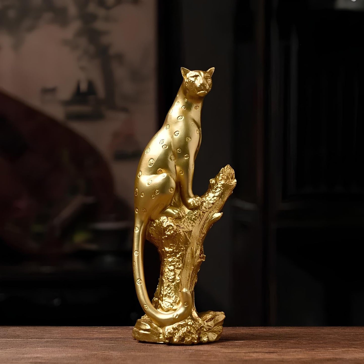 Elegant Golden Leopard Resin Statue for Home Decor Seated Leopard H33.8 x L13 x W10CM NaLani