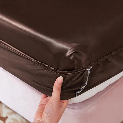 Washable Luxury Satin Elastic Fitted Sheet For Double Bed Brown NALANI
