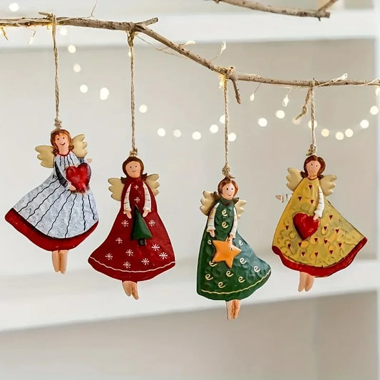 2D Flat Vintage Angel Wooden Hanging Ornament 4 Piece Set