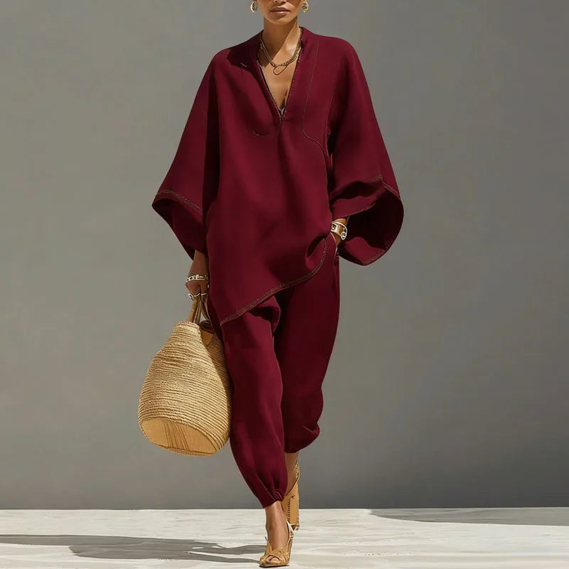 Cordella Linen Matching Set Featuring Batwing Sleeves And Relaxed Fit