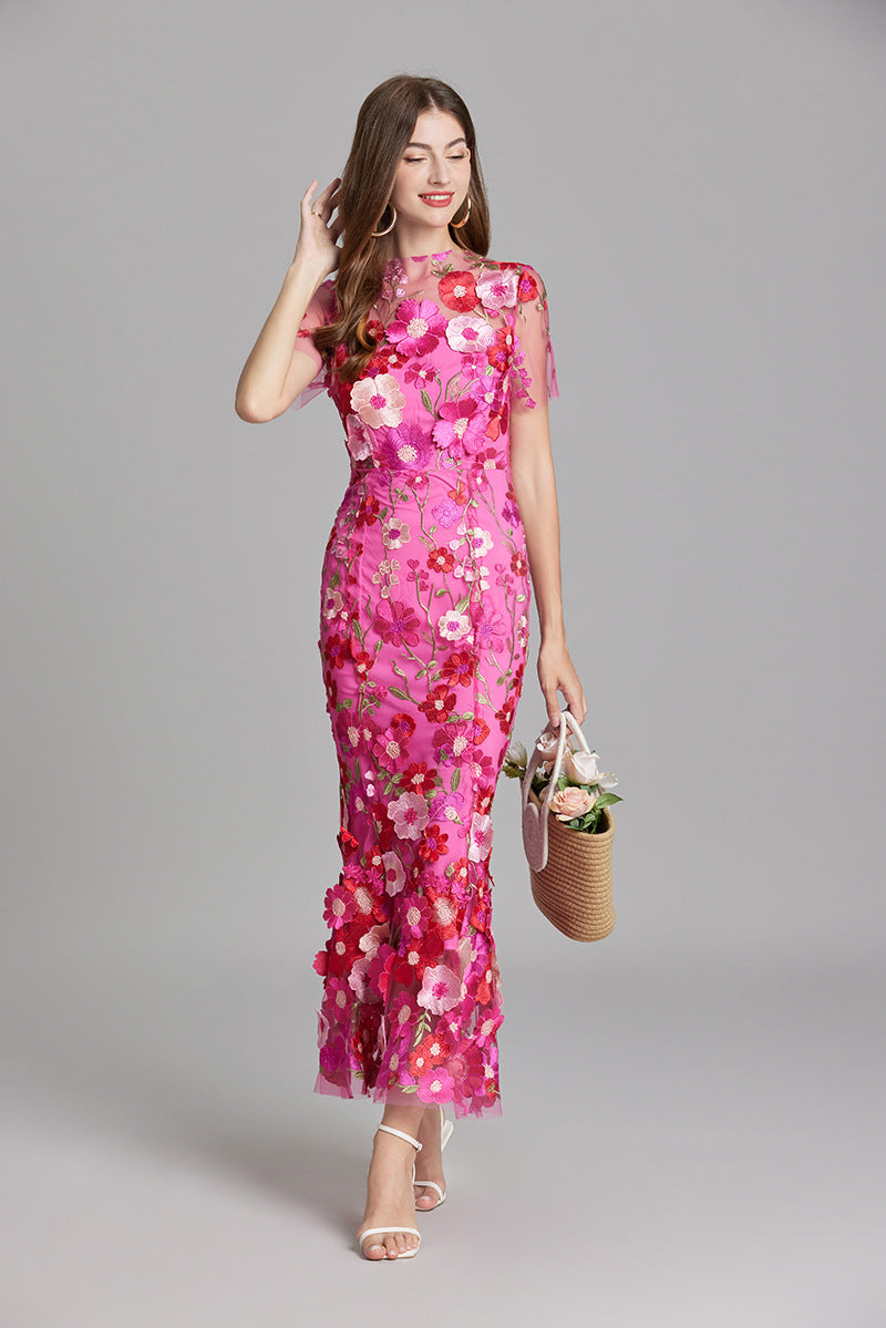 Women’s Floral Detail Dress | Midi Flowing Silhouette With Floral Soft Lightweight Fabric For Spring And Summer Events