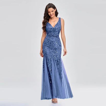 Women's Maxi Prom Gown Dress - Sleeveless V-Neck - Sequin Embellished - Floor-Length Elegant Fit