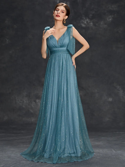 Celeni | Women's Evening Prom Gown - V-Neck Sleeveless - Glitter Embellished - Floor-Length Elegant Dress