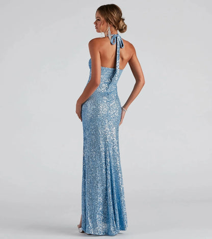 Women's Evening Prom Dress - Sequin Halter Neck - Cut-Out Bodice - High Slit Floor-Length