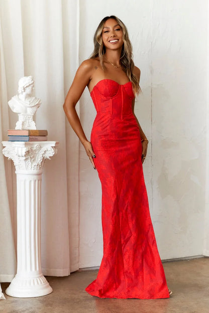 Women's Strapless Cocktail Maxi Prom Dress - Corset Bodice - Sweetheart Neckline - High Slit