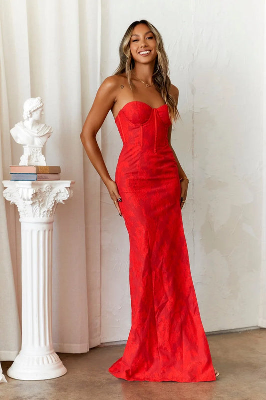 Women's Strapless Cocktail Maxi Prom Dress - Corset Bodice - Sweetheart Neckline - High Slit
