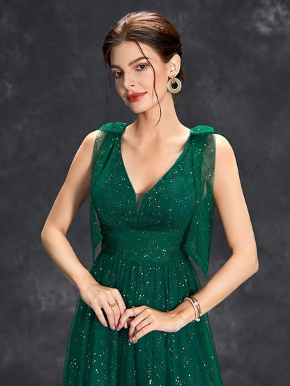 Celeni | Women's Evening Prom Gown - V-Neck Sleeveless - Glitter Embellished - Floor-Length Elegant Dress