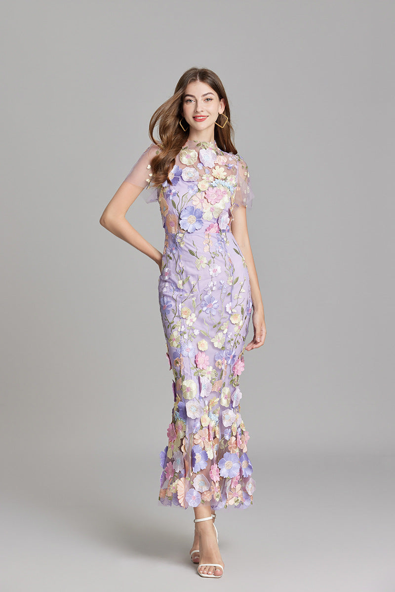 Women’s Floral Detail Dress | Midi Flowing Silhouette With Floral Soft Lightweight Fabric For Spring And Summer Events