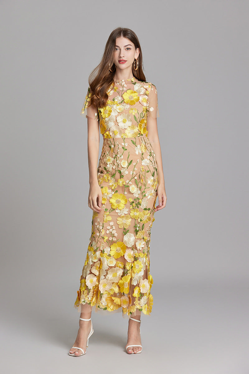 Women’s Floral Detail Dress | Midi Flowing Silhouette With Floral Soft Lightweight Fabric For Spring And Summer Events