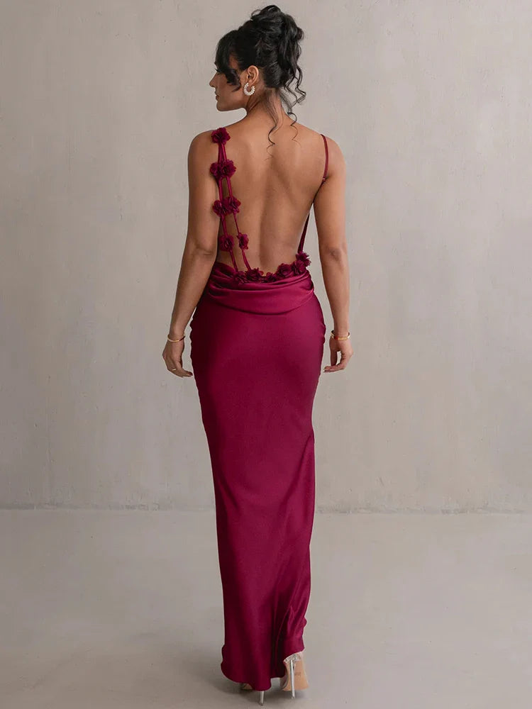 Norvia | Women's Evening Prom Gown Dress - Satin Floor-Length - Backless Floral Appliqué - Form-Fitting