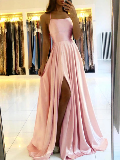 Celeni | Women's Evening Prom Gown - Floor-Length Satin - Spaghetti Straps - Square Neck - High Slit