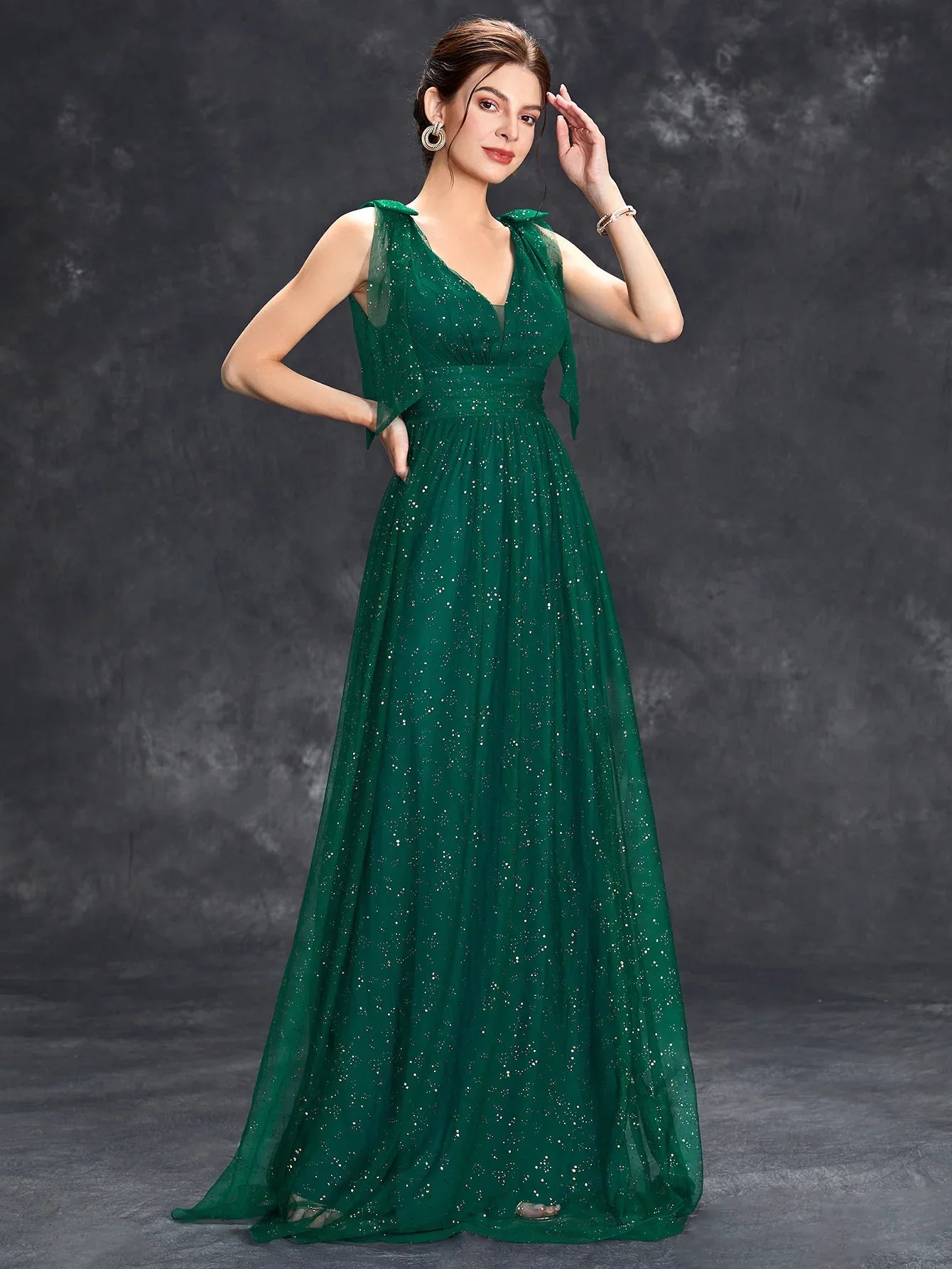 Celeni | Women's Evening Prom Gown - V-Neck Sleeveless - Glitter Embellished - Floor-Length Elegant Dress