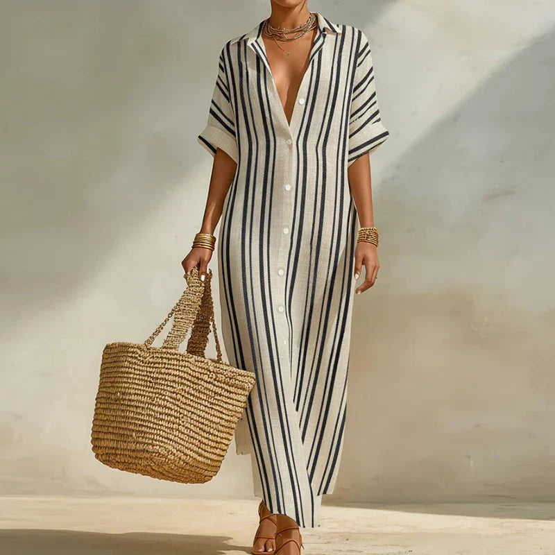 Vestido Camisa Largo Olivia de Lino Corte Holgado Mezcla Ligera de Lino