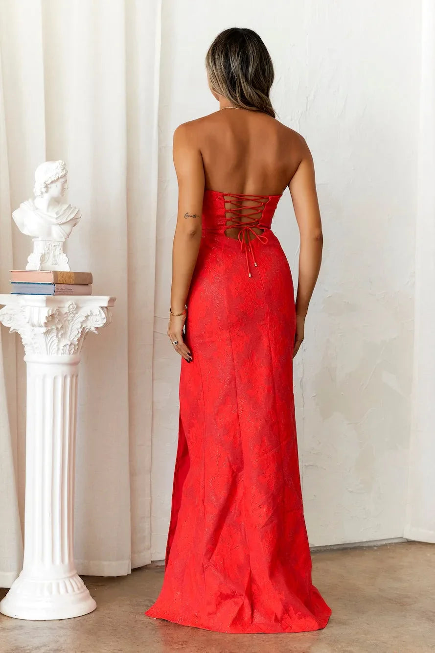 Women's Strapless Cocktail Maxi Prom Dress - Corset Bodice - Sweetheart Neckline - High Slit