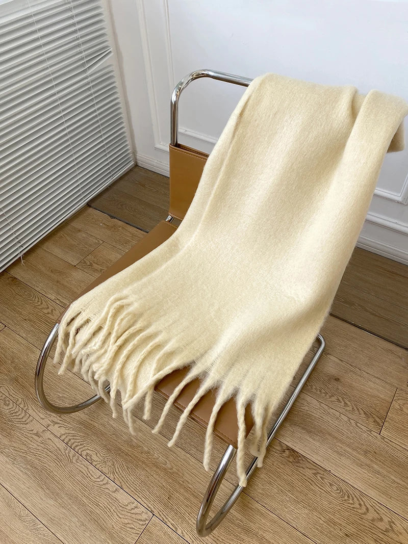 Thick Warm Cashmere Scarf With Long Fringes For Winter Beige 190X50CM NALANI