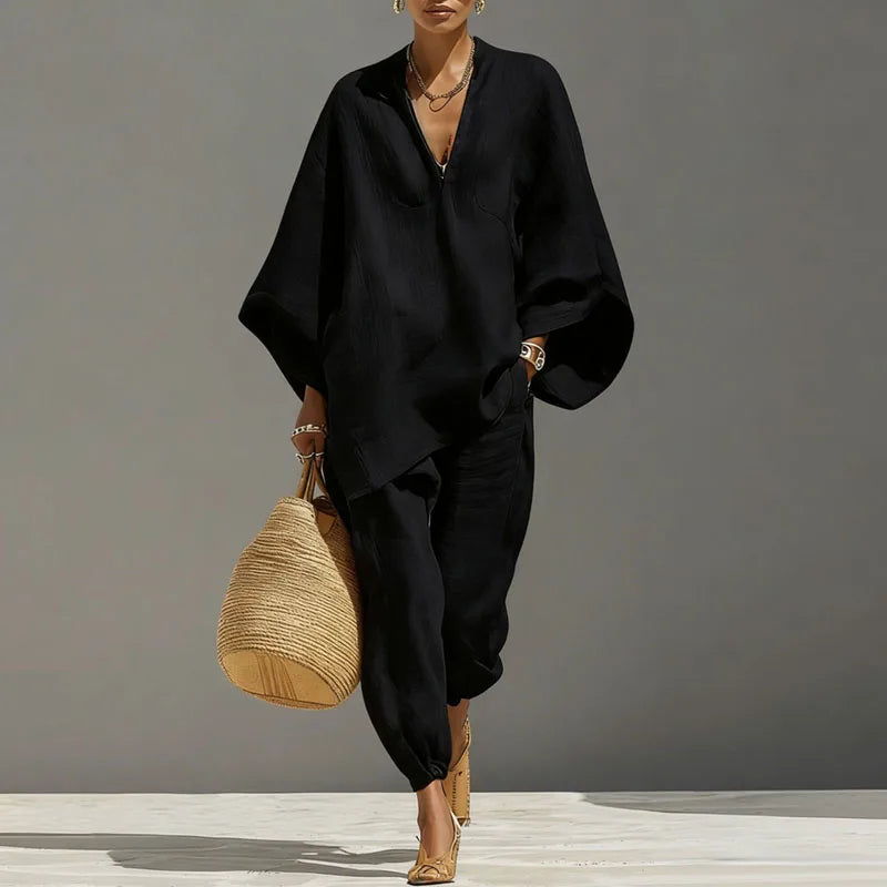 Cordella Linen Matching Set Featuring Batwing Sleeves And Relaxed Fit
