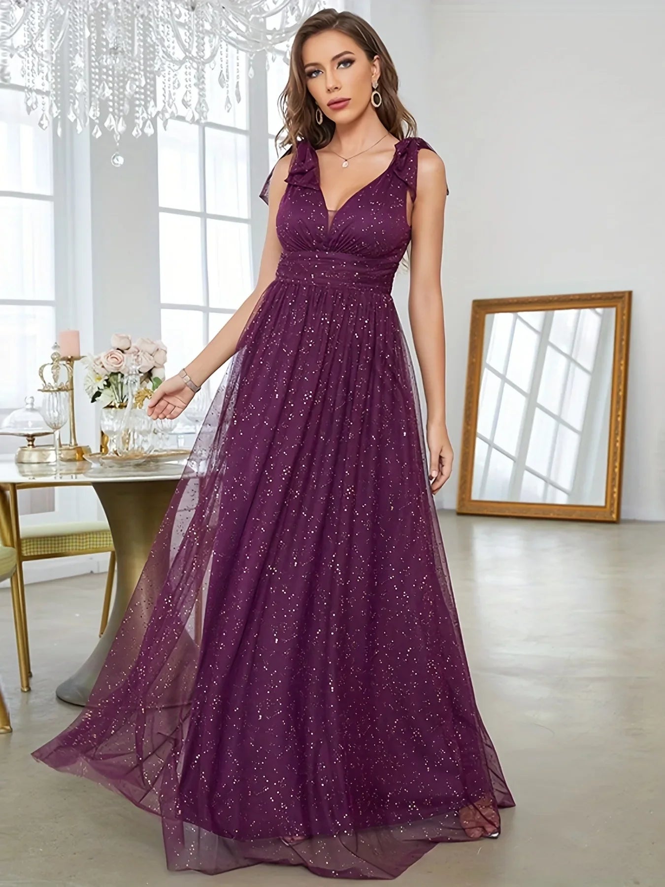 Celeni | Women's Evening Prom Gown - V-Neck Sleeveless - Glitter Embellished - Floor-Length Elegant Dress