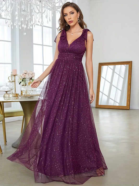 Celeni | Women's Evening Prom Gown - V-Neck Sleeveless - Glitter Embellished - Floor-Length Elegant Dress