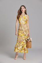 Women’s Floral Detail Dress | Midi Flowing Silhouette With Floral Soft Lightweight Fabric For Spring And Summer Events