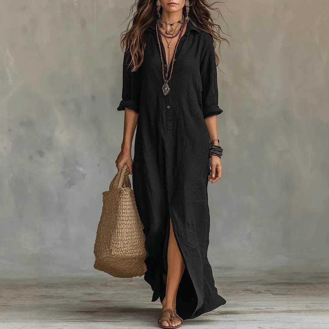 Agnes Linen Long Shirt Dress Relaxed Fit With Three-Quarter Sleeves