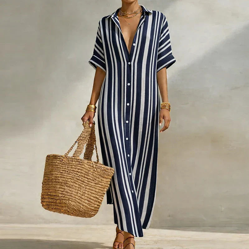 Vestido Camisa Largo Olivia de Lino Corte Holgado Mezcla Ligera de Lino