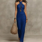 Adele Bohemian Halter Linen Dress With Flowing Silhouette
