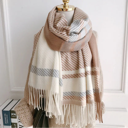 Chic Winter Scarf With Vintage Plaid Pattern For Women Khaki NALANI