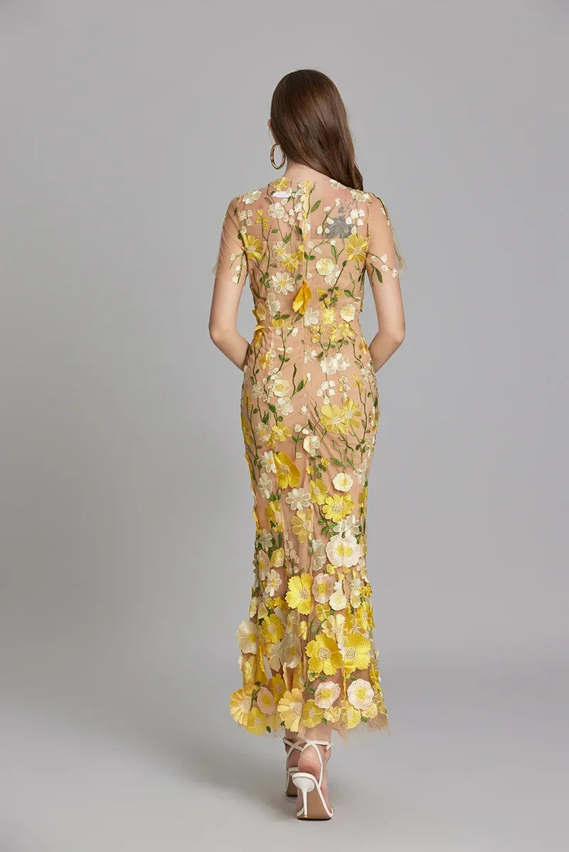 Women’s Floral Detail Dress | Midi Flowing Silhouette With Floral Soft Lightweight Fabric For Spring And Summer Events