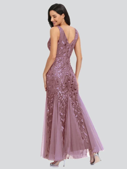 Women's Maxi Prom Gown Dress - Sleeveless V-Neck - Sequin Embellished - Floor-Length Elegant Fit