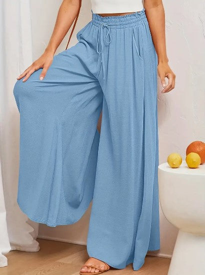 Nalani | Women's Palazzo Trousers - High Waist - Wide Leg - Elastic Drawstring - Full Length