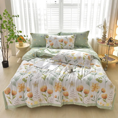 Cooling Plaid Cotton Lightweight Comforter For Sofa Bed Tulips White NALANI