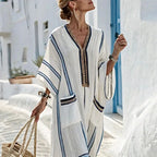 Santorini Striped Kaftan Dress With Oversized Pockets For Warm Escapes Beach Vacation Flowy Silhouette