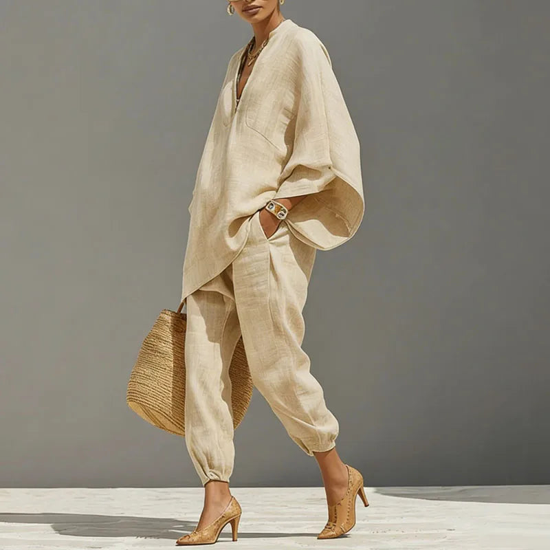 Cordella Linen Matching Set Featuring Batwing Sleeves And Relaxed Fit
