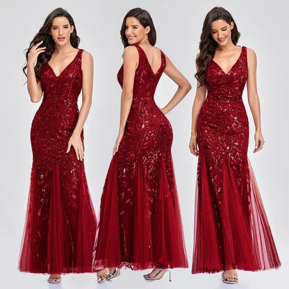 Women's Maxi Prom Gown Dress - Sleeveless V-Neck - Sequin Embellished - Floor-Length Elegant Fit