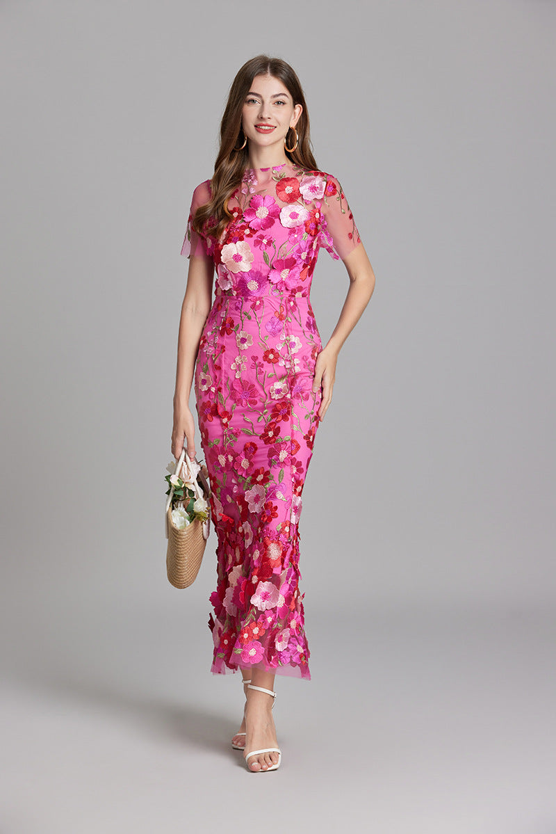 Women’s Floral Detail Dress | Midi Flowing Silhouette With Floral Soft Lightweight Fabric For Spring And Summer Events