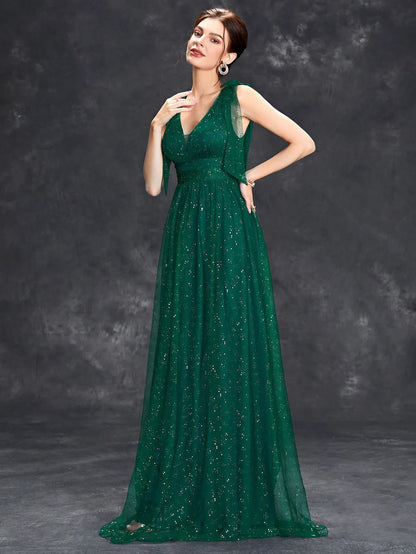 Celeni | Women's Evening Prom Gown - V-Neck Sleeveless - Glitter Embellished - Floor-Length Elegant Dress