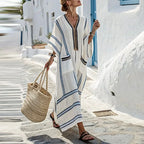 Santorini Striped Kaftan Dress With Oversized Pockets For Warm Escapes Beach Vacation Flowy Silhouette