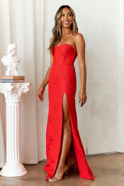 Women's Strapless Cocktail Maxi Prom Dress - Corset Bodice - Sweetheart Neckline - High Slit
