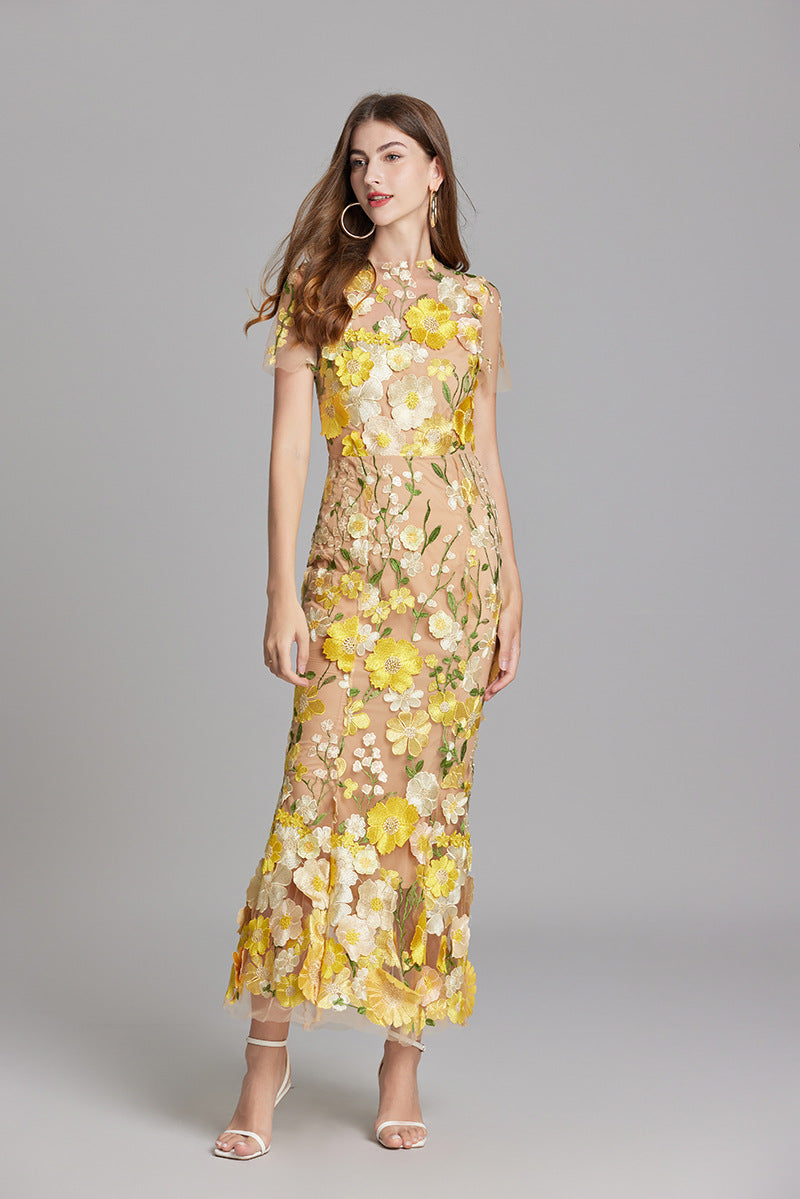 Women’s Floral Detail Dress | Midi Flowing Silhouette With Floral Soft Lightweight Fabric For Spring And Summer Events