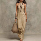 Adele Bohemian Halter Linen Dress With Flowing Silhouette