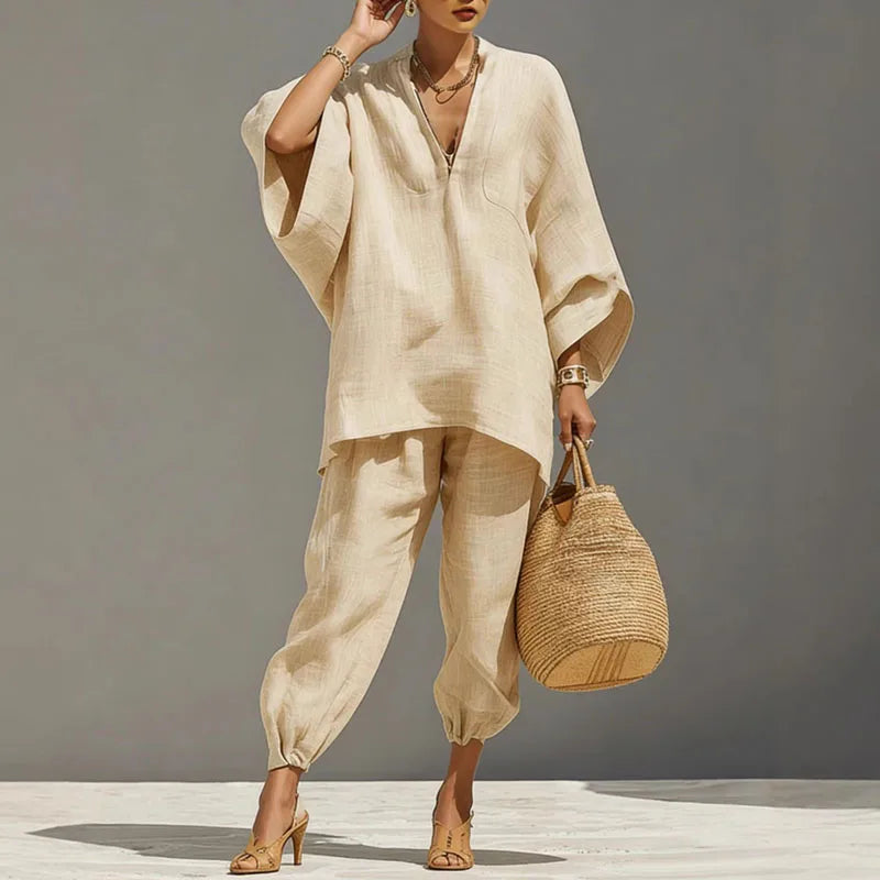 Cordella Linen Matching Set Featuring Batwing Sleeves And Relaxed Fit