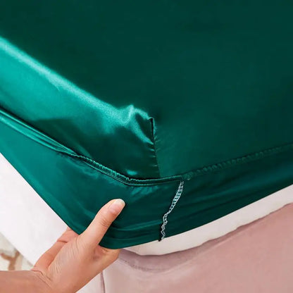 Washable Luxury Satin Elastic Fitted Sheet For Double Bed Green NALANI
